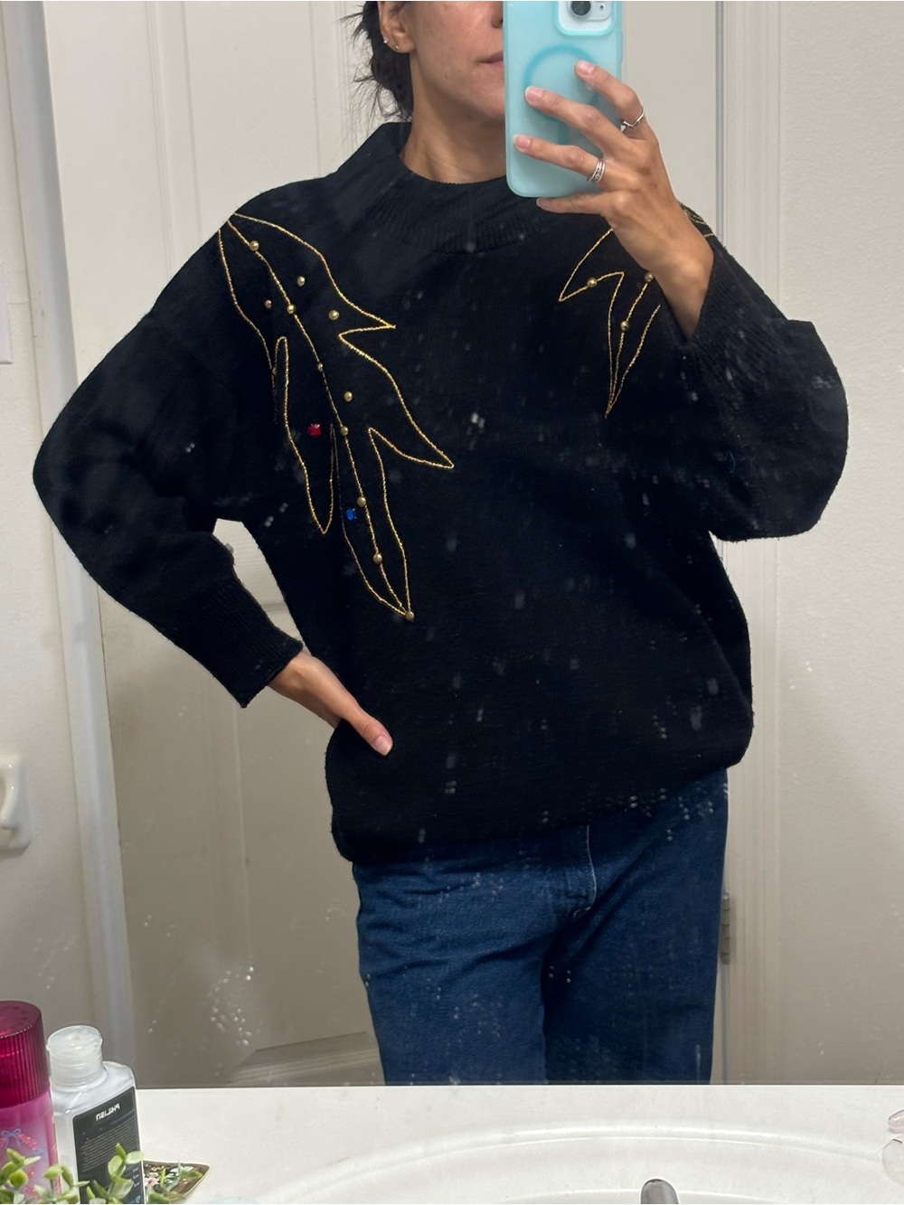 Vintage Black Embellished Sweater Gold Leaf Beaded Grandpa Chic XL
